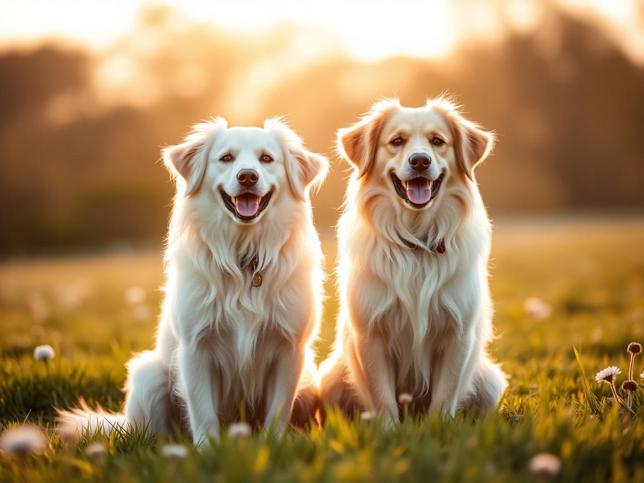 Two happy dogs sitting together in a sunny British meadow